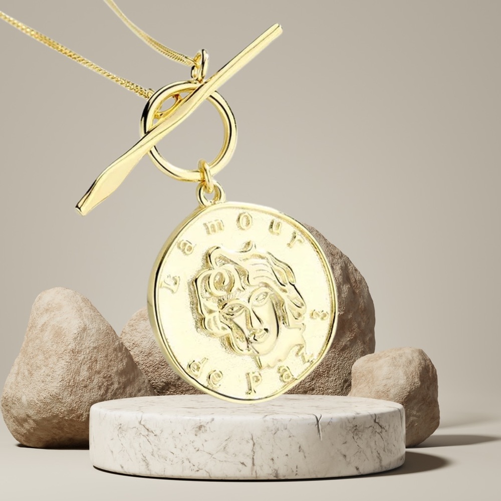 18K Gold Necklace • L Amour De Paris Pendant Necklace • Parisian • Coin …